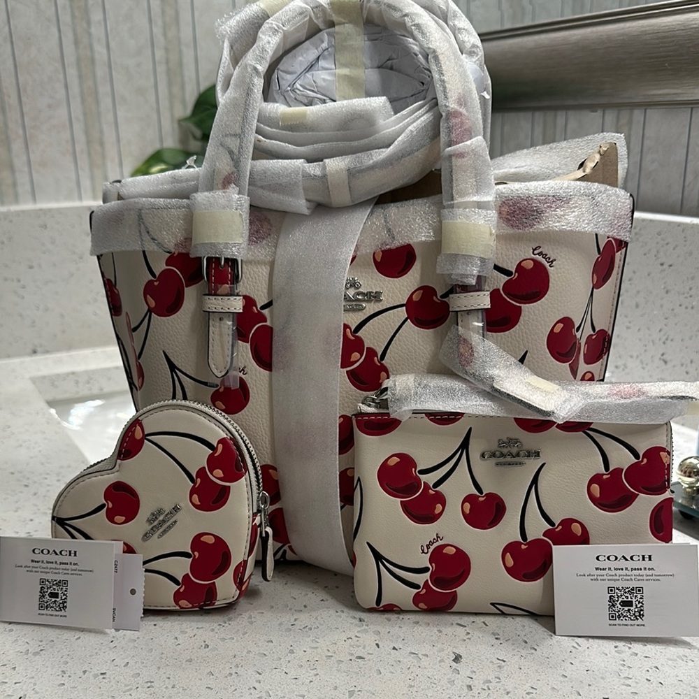 Coach Cream and Red Cherry Print Tote Bag